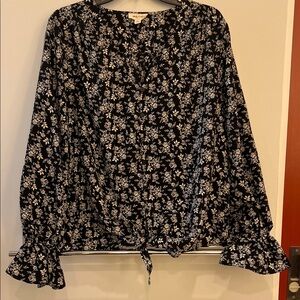 Black Floral Tie-Front Blouse with Ruffle Cuffs